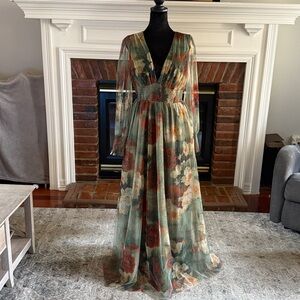 NWT - Baltic Born Layla Tulle Maxi Dress sz L Olive Rust Floral